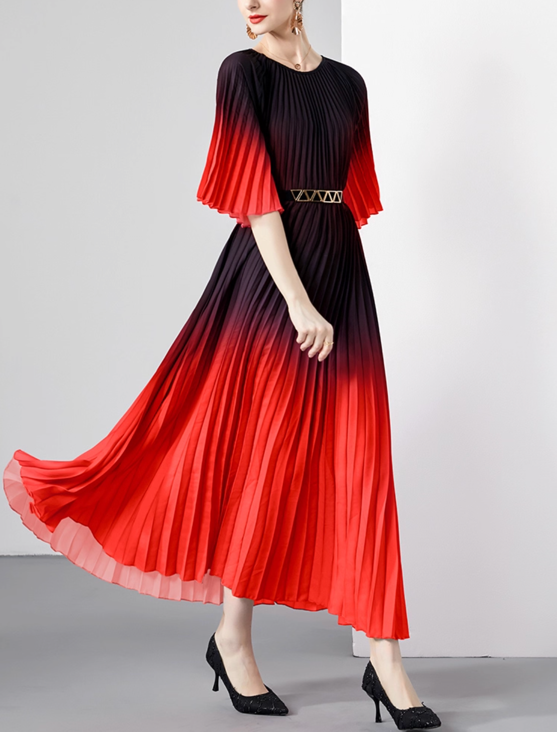 pleated ombre midi dress with geometric belt – SIENNA