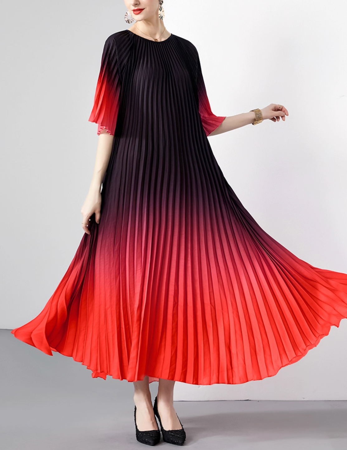 pleated ombre midi dress with geometric belt – SIENNA