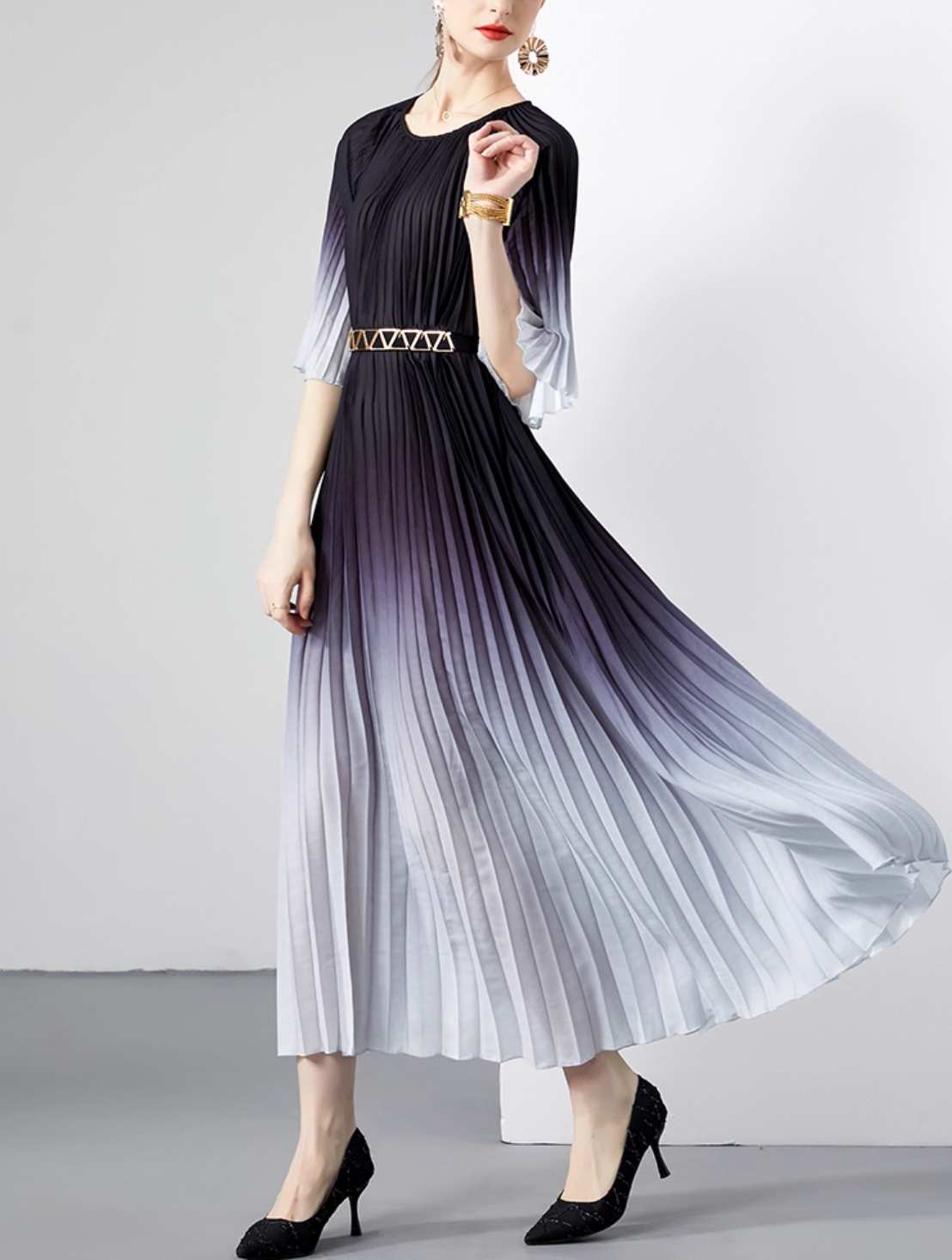 pleated ombre midi dress with geometric belt – SIENNA
