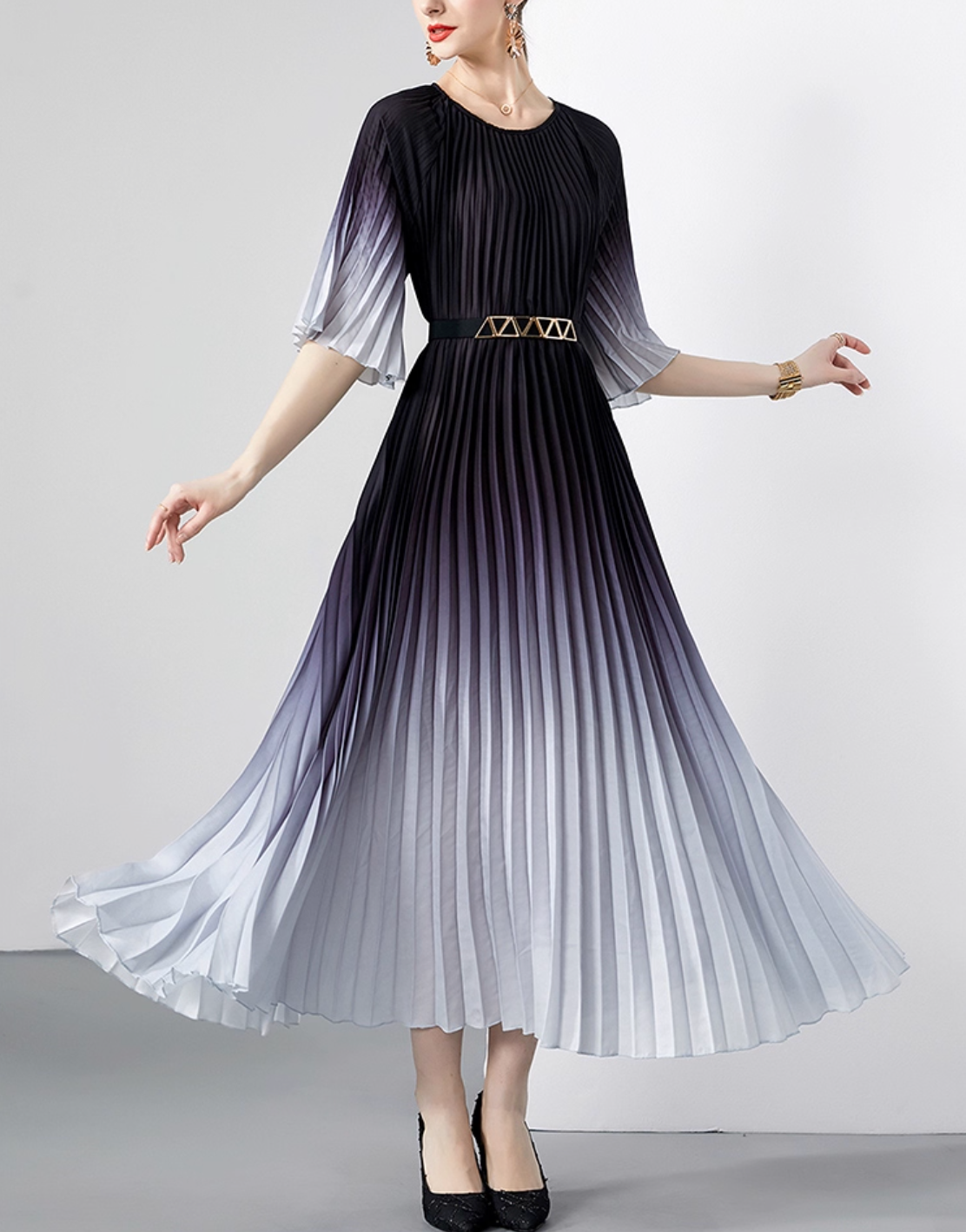 pleated ombre midi dress with geometric belt – SIENNA