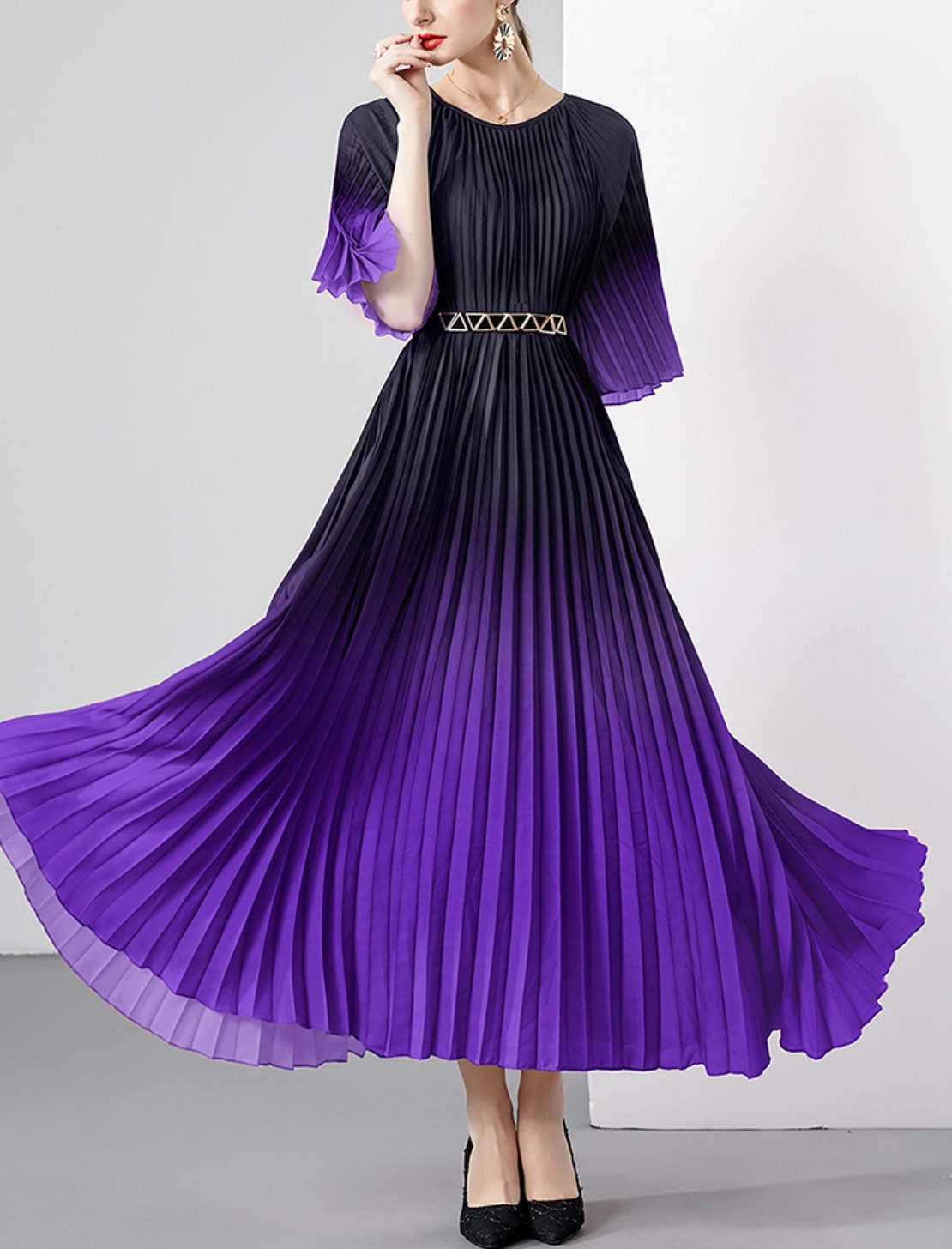 pleated ombre midi dress with geometric belt – SIENNA