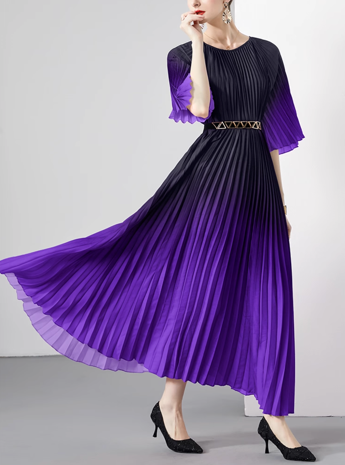 pleated ombre midi dress with geometric belt – SIENNA