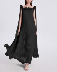 pleated off-shoulder dress with floral neckline and draped cape - VERJA