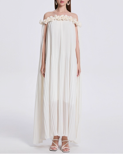 pleated off-shoulder dress with floral neckline and draped cape - VERJA