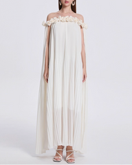pleated off-shoulder dress with floral neckline and draped cape - VERJA