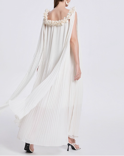 pleated off-shoulder dress with floral neckline and draped cape - VERJA