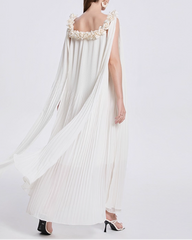 pleated off-shoulder dress with floral neckline and draped cape - VERJA