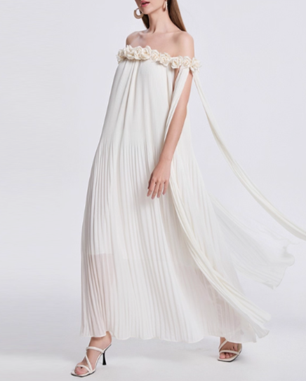 pleated off-shoulder dress with floral neckline and draped cape - VERJA