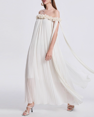 pleated off-shoulder dress with floral neckline and draped cape - VERJA