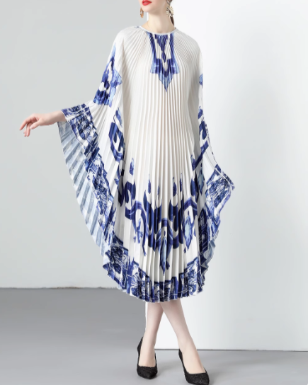 pleated trapeze dress with abstract blue print - MAXYA