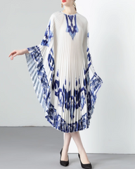pleated trapeze dress with abstract blue print - MAXYA