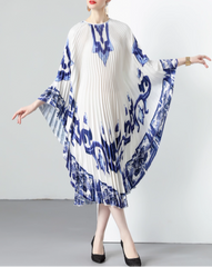pleated trapeze dress with abstract blue print - MAXYA