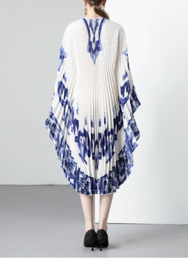 pleated trapeze dress with abstract blue print - MAXYA