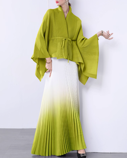 ombre pleated maxi dress with kimono wrap top - NOLIR