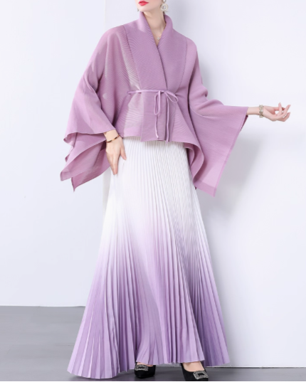 ombre pleated maxi dress with kimono wrap top - NOLIR