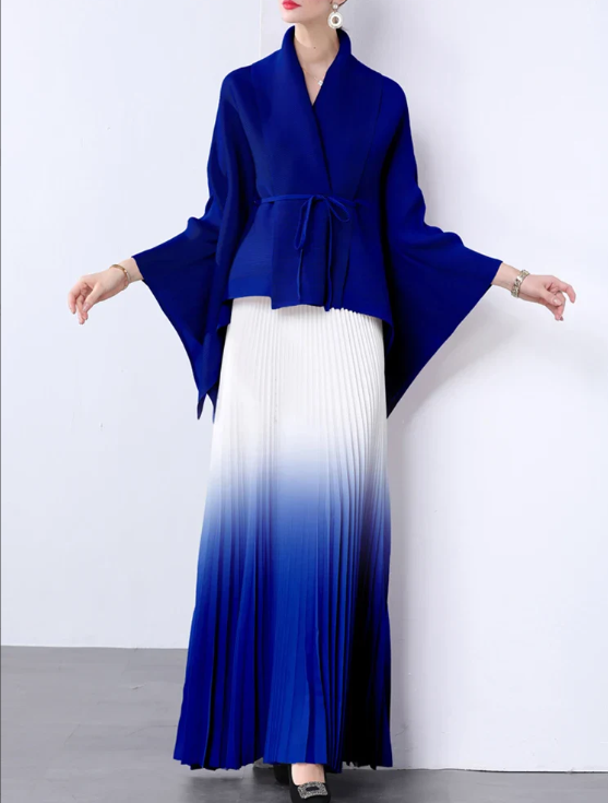 ombre pleated maxi dress with kimono wrap top - NOLIR