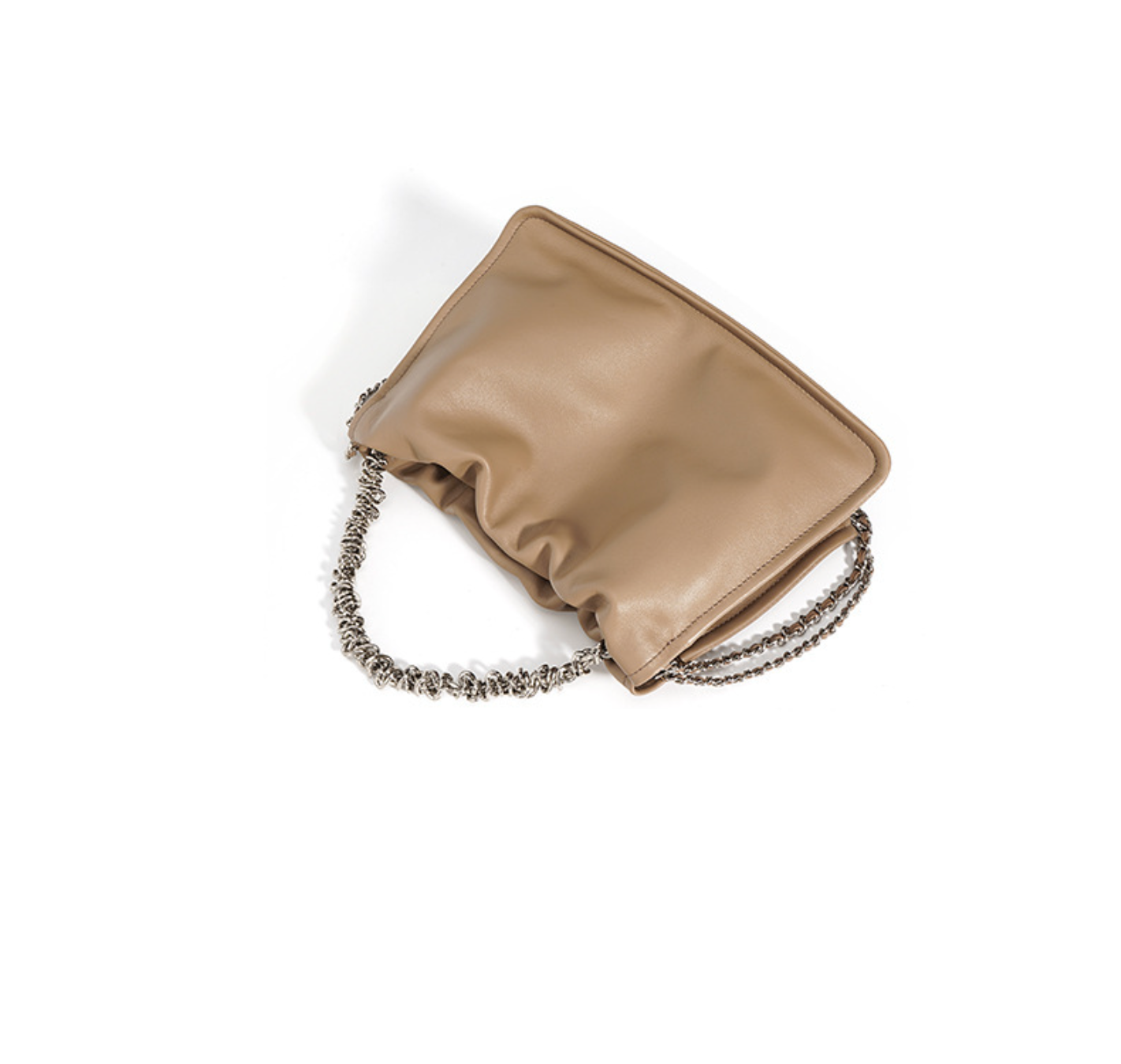 ruched leather bag with silver chain – MOCHA