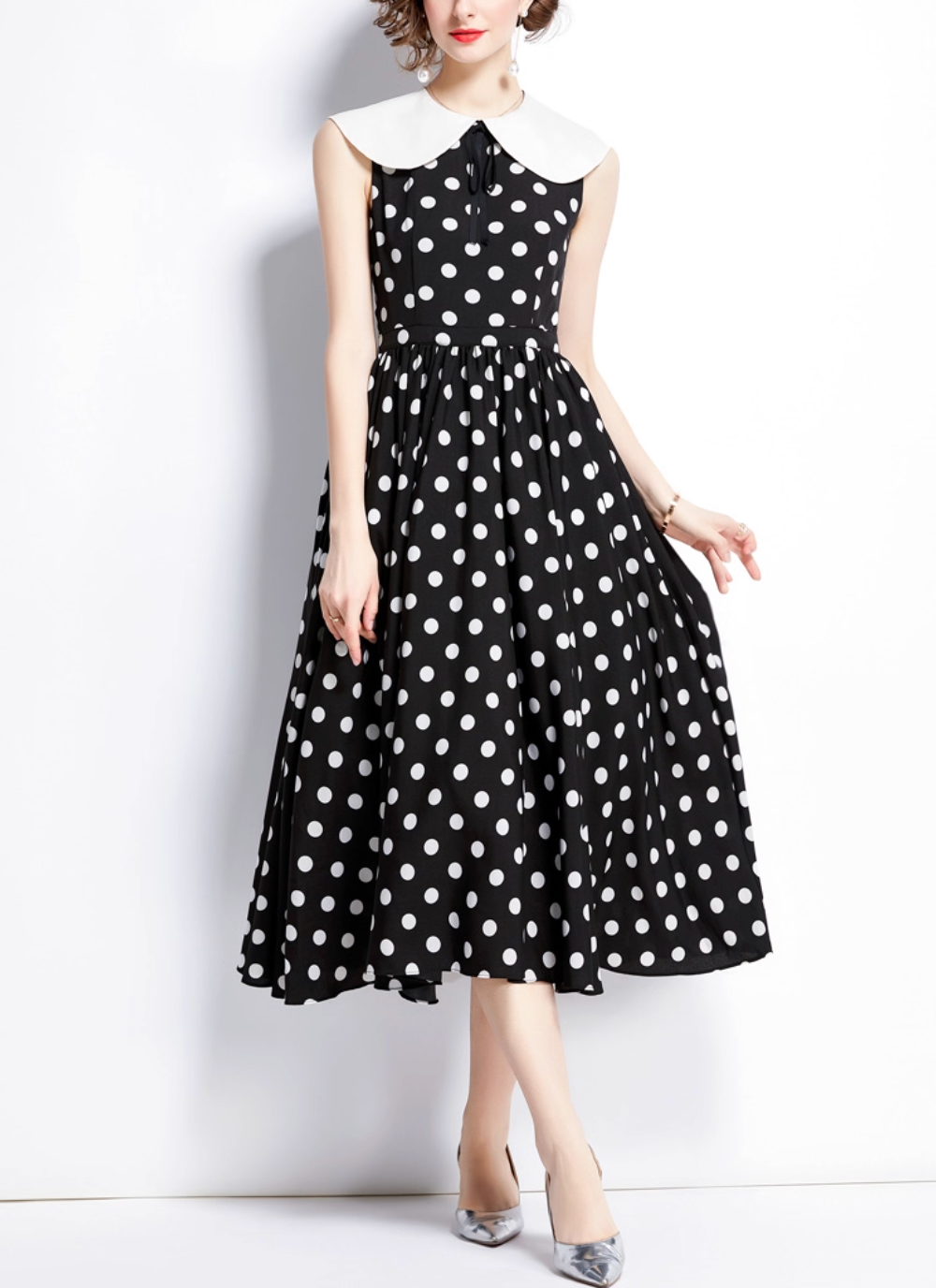 sleeveless polka dot dress with white peter pan collar – LOTTIE