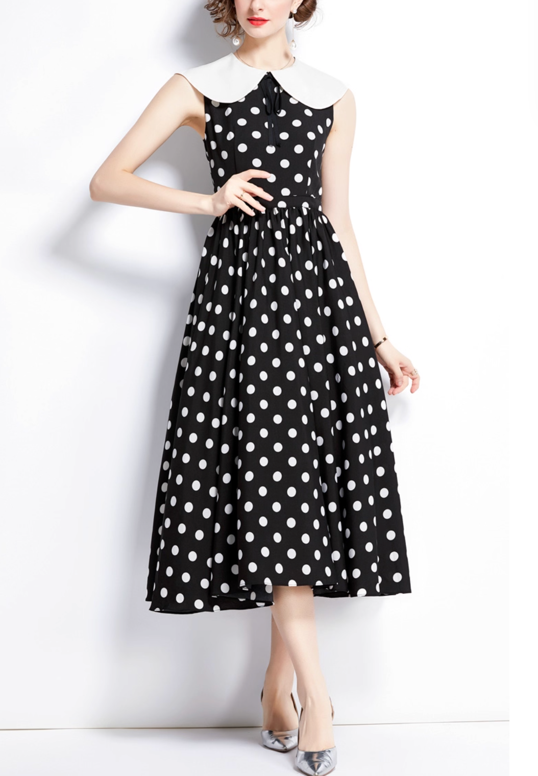 sleeveless polka dot dress with white peter pan collar – LOTTIE