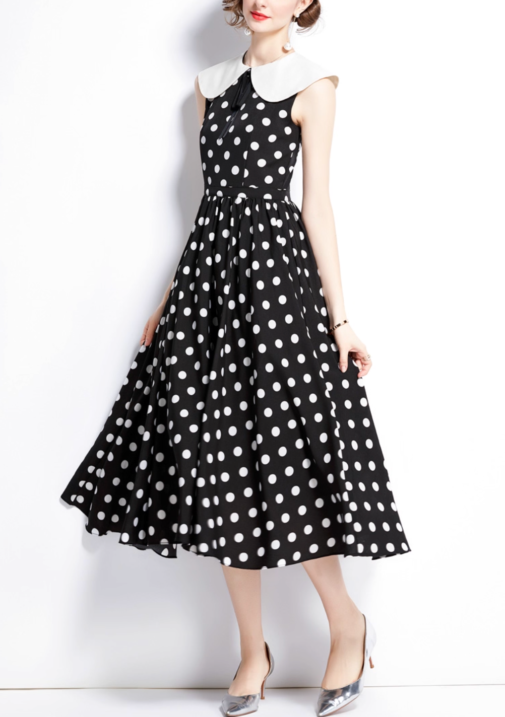 sleeveless polka dot dress with white peter pan collar – LOTTIE