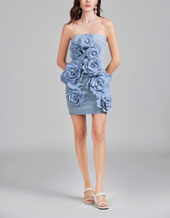 strapless denim mini dress with oversized floral appliqué – AZURE