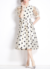 polka-dot satin dress with sheer puff sleeves – DOTTIE