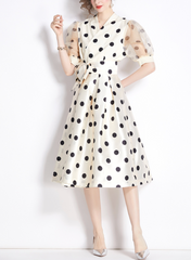 polka-dot satin dress with sheer puff sleeves – DOTTIE