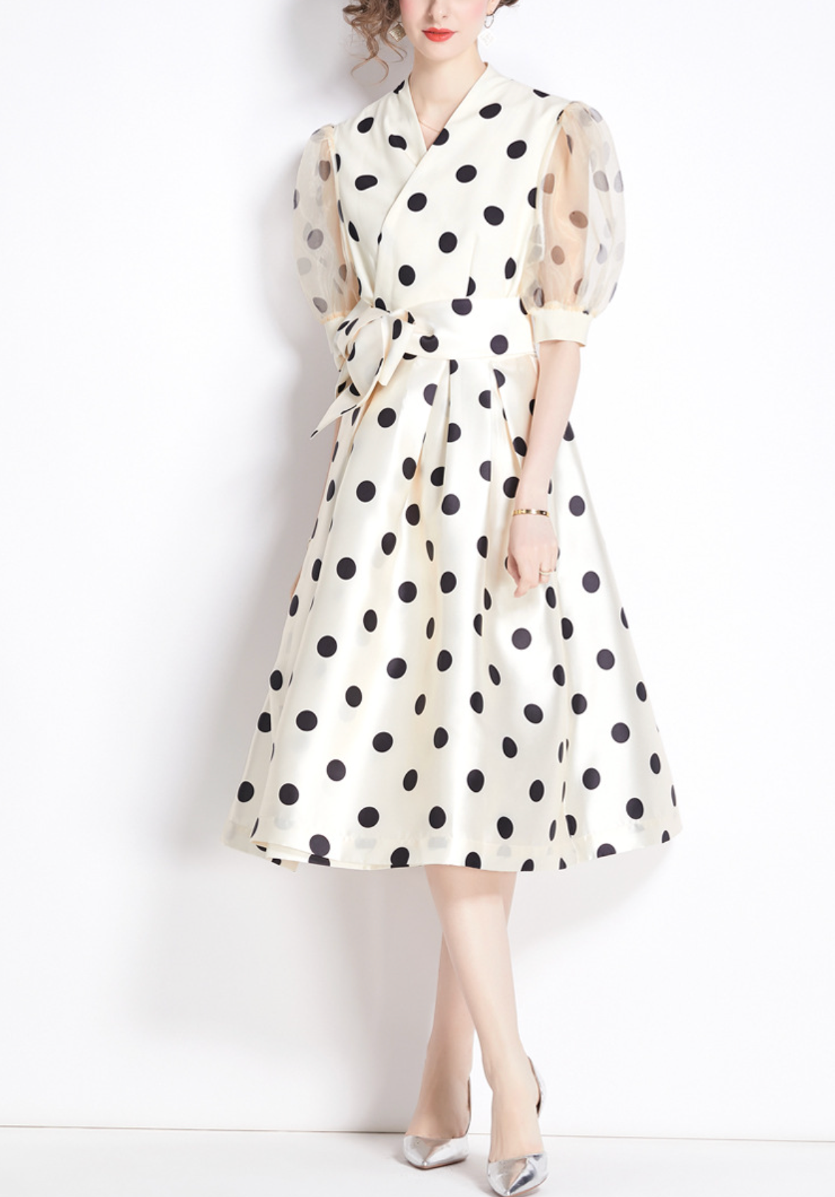 polka-dot satin dress with sheer puff sleeves – DOTTIE