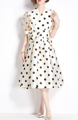polka-dot satin dress with sheer puff sleeves – DOTTIE