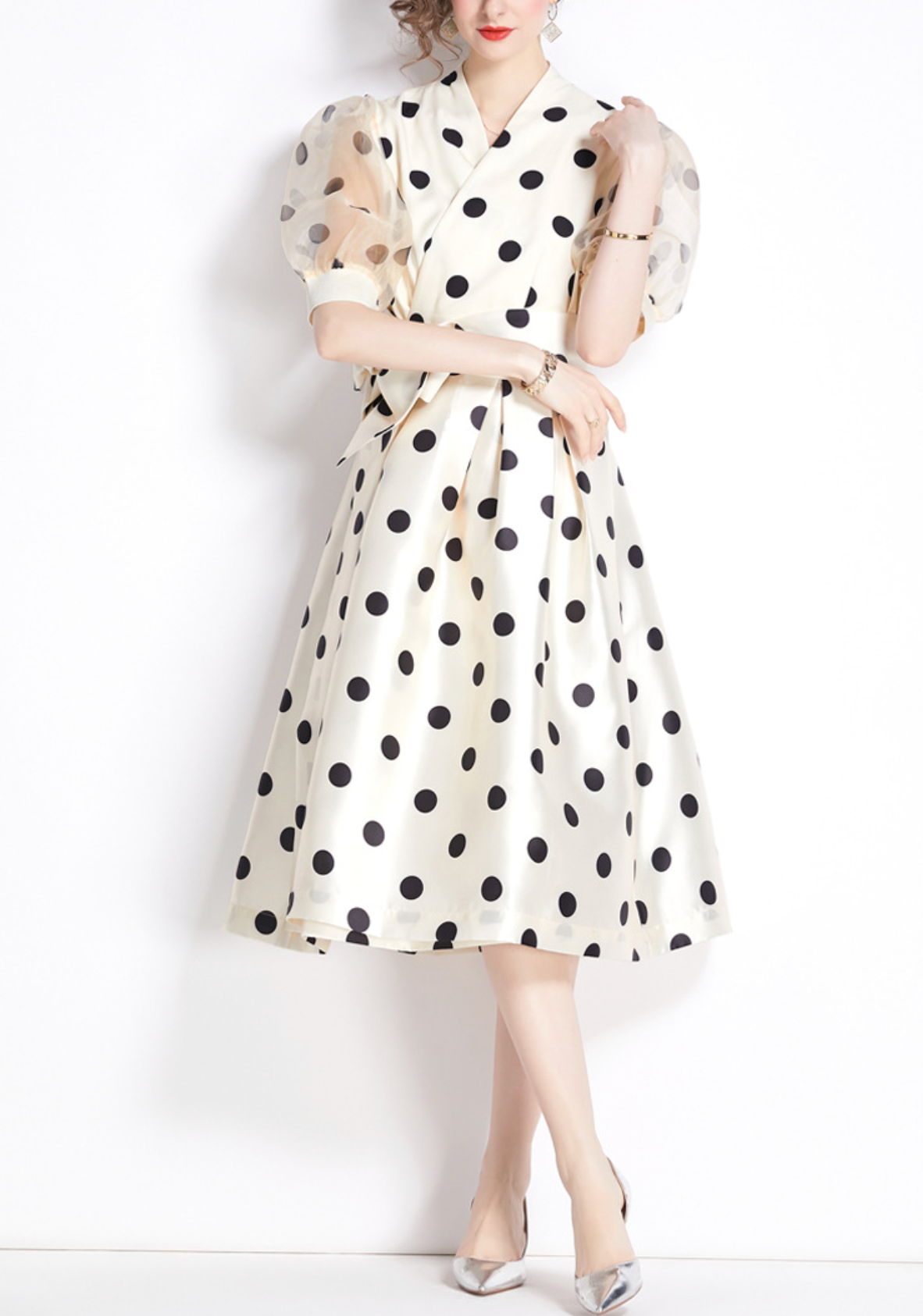 polka-dot satin dress with sheer puff sleeves – DOTTIE