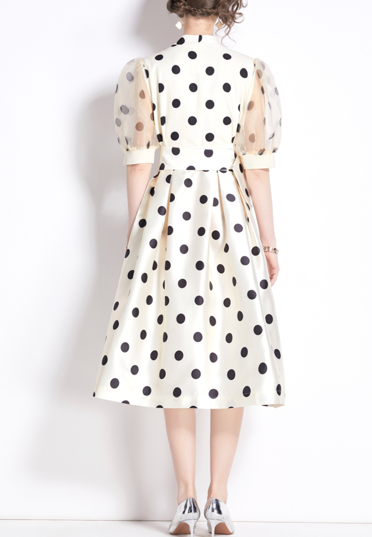 polka-dot satin dress with sheer puff sleeves – DOTTIE