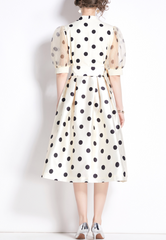 polka-dot satin dress with sheer puff sleeves – DOTTIE