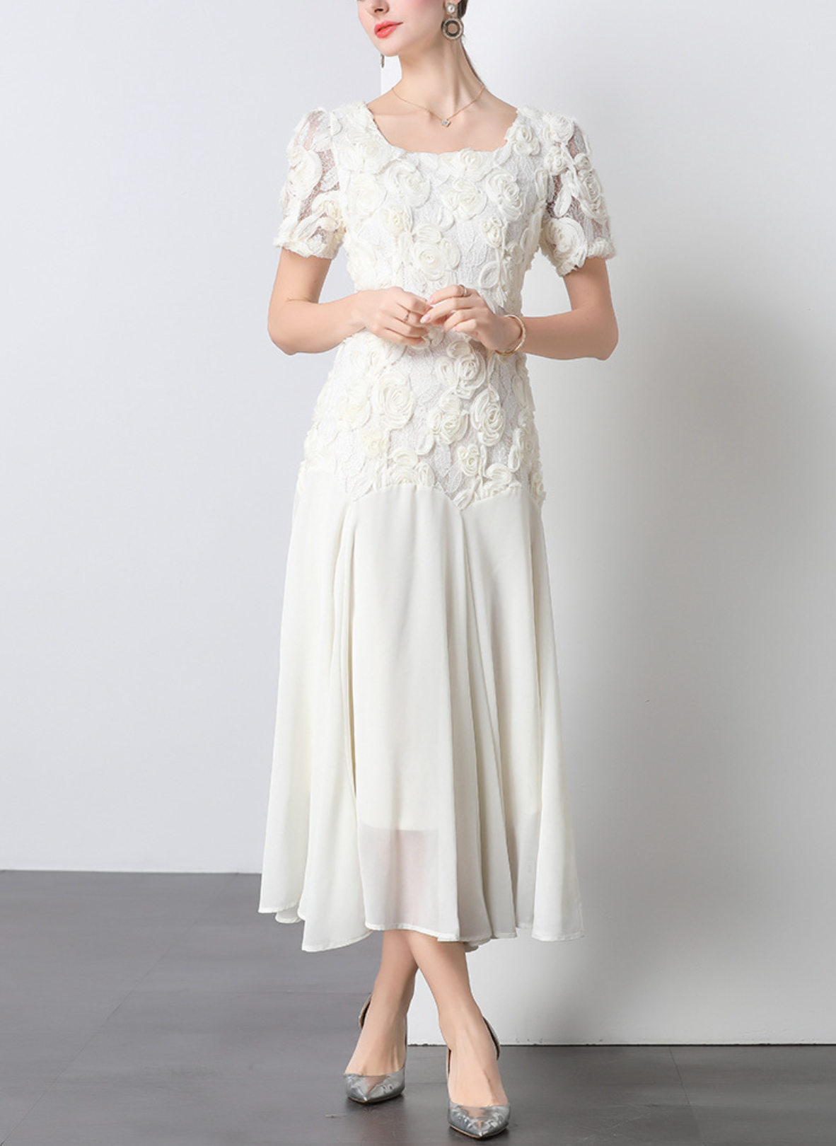 puff-sleeve chiffon midi dress with 3D floral bodice – IVORY