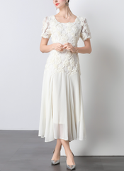 puff-sleeve chiffon midi dress with 3D floral bodice – IVORY