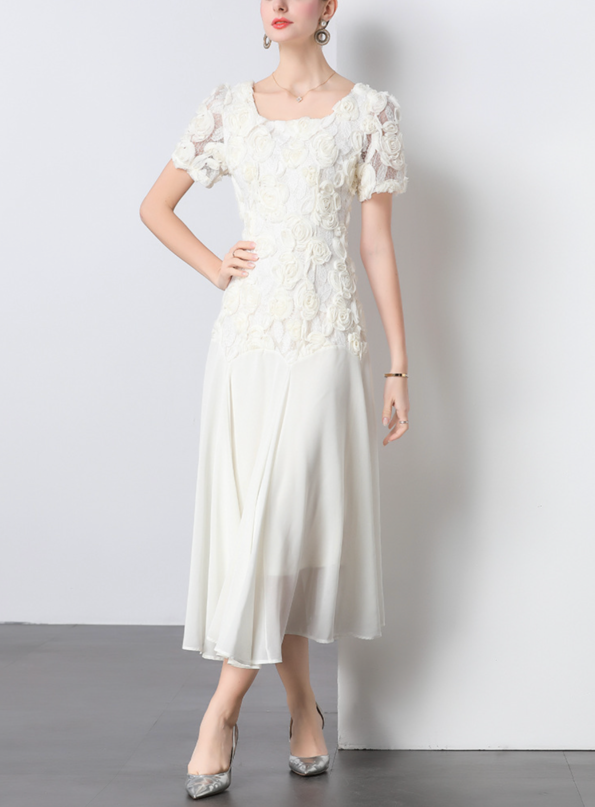 puff-sleeve chiffon midi dress with 3D floral bodice – IVORY