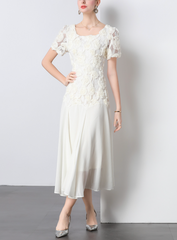 puff-sleeve chiffon midi dress with 3D floral bodice – IVORY