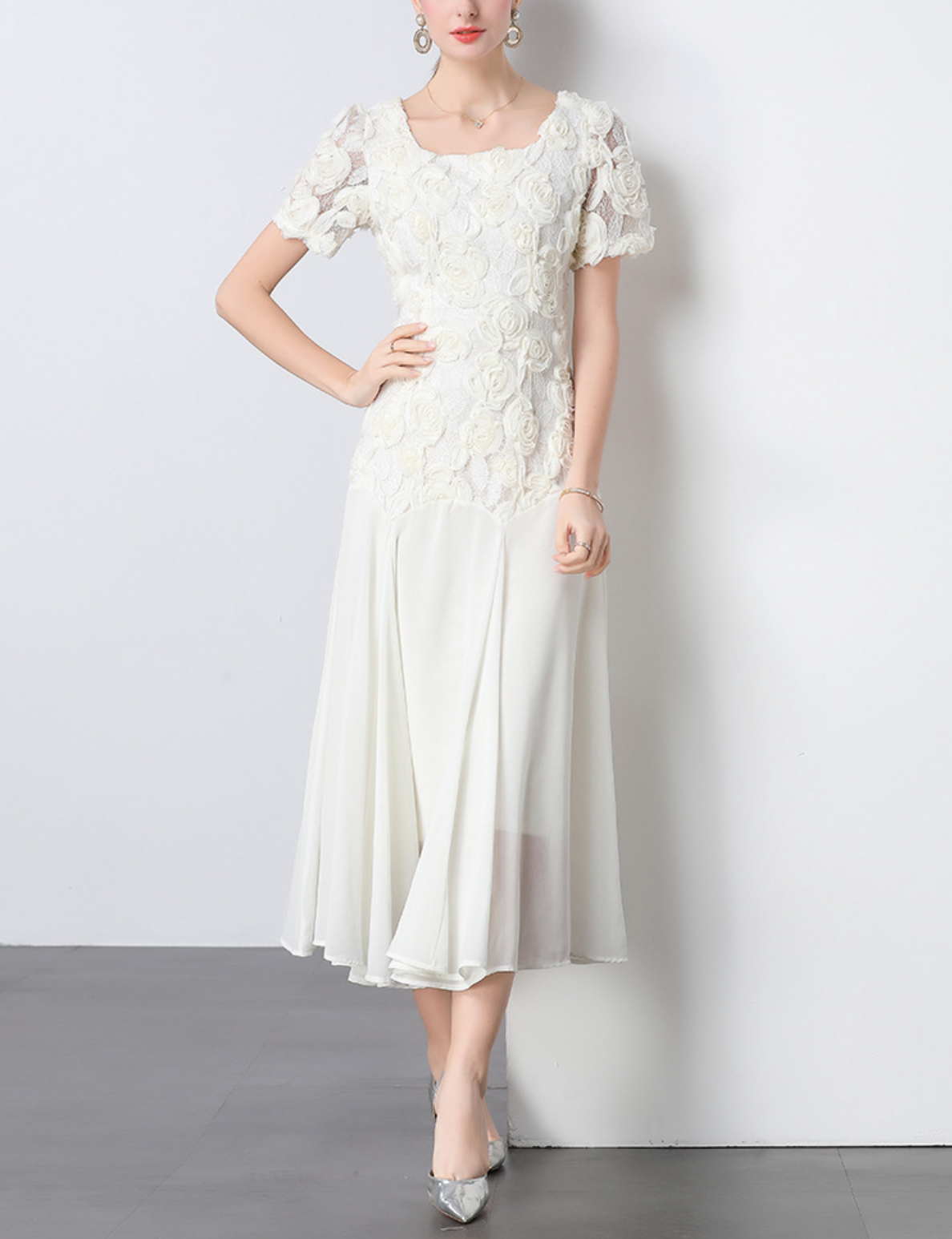 puff-sleeve chiffon midi dress with 3D floral bodice – IVORY
