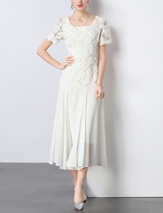 puff-sleeve chiffon midi dress with 3D floral bodice – IVORY