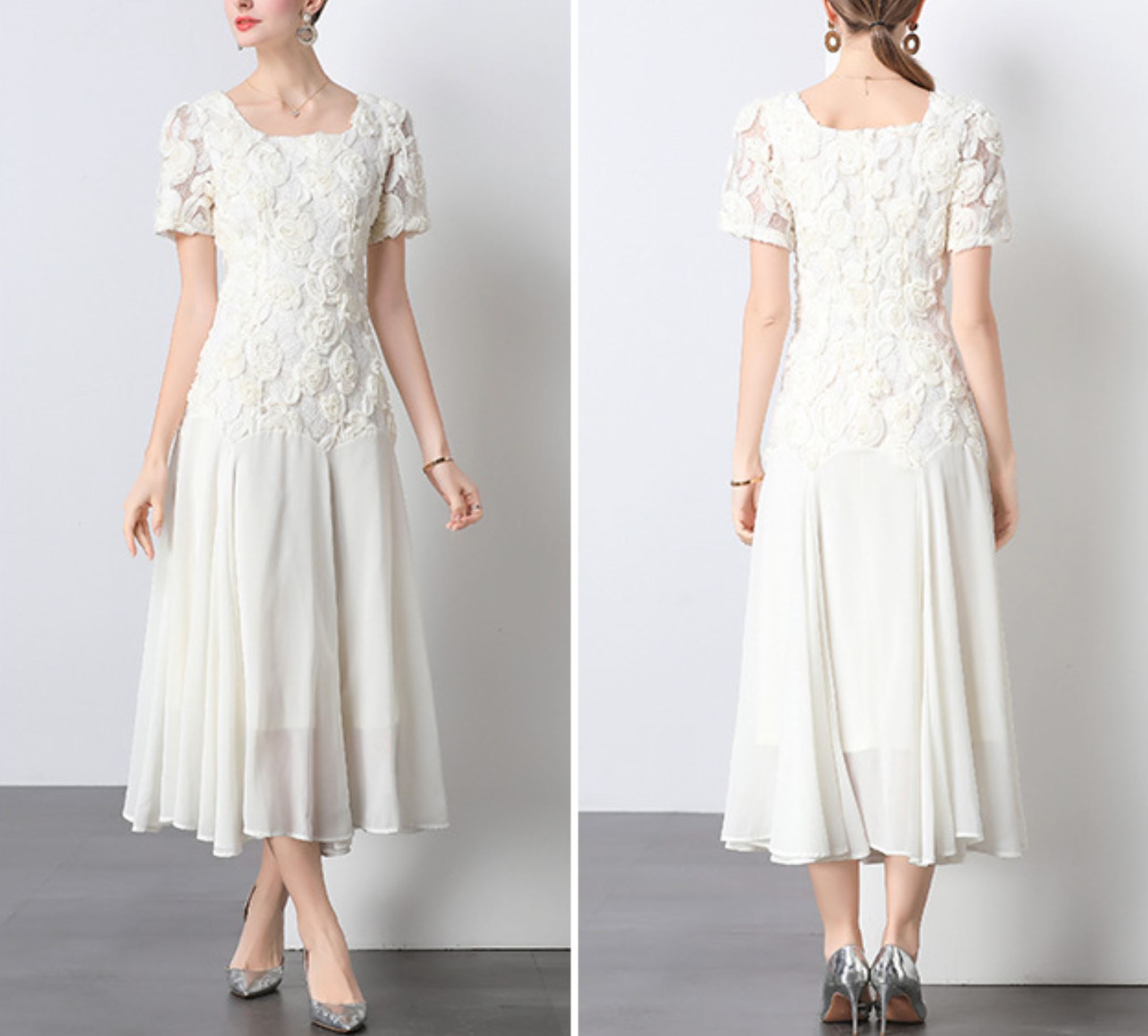 puff-sleeve chiffon midi dress with 3D floral bodice – IVORY