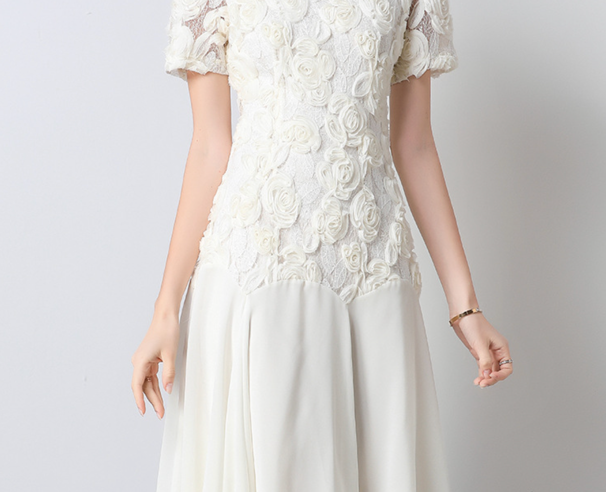 puff-sleeve chiffon midi dress with 3D floral bodice – IVORY