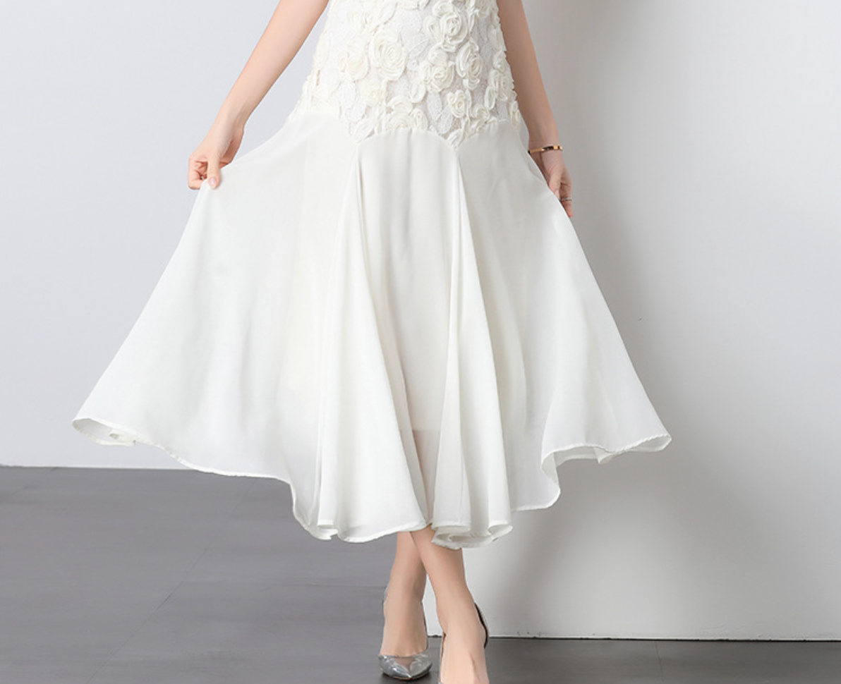 puff-sleeve chiffon midi dress with 3D floral bodice – IVORY