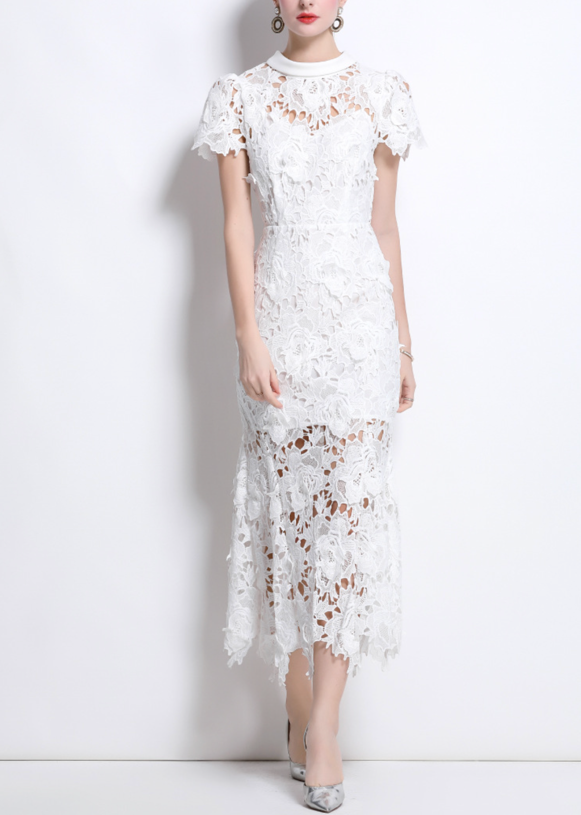 lace midi dress with sheer floral overlay – EVELYN