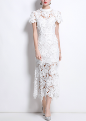 lace midi dress with sheer floral overlay – EVELYN