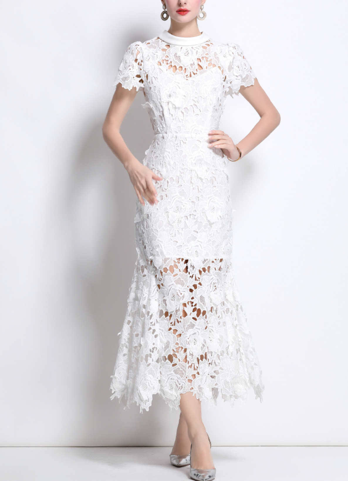 lace midi dress with sheer floral overlay – EVELYN