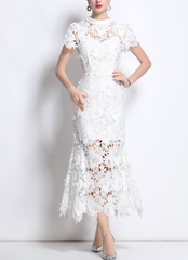 lace midi dress with sheer floral overlay – EVELYN