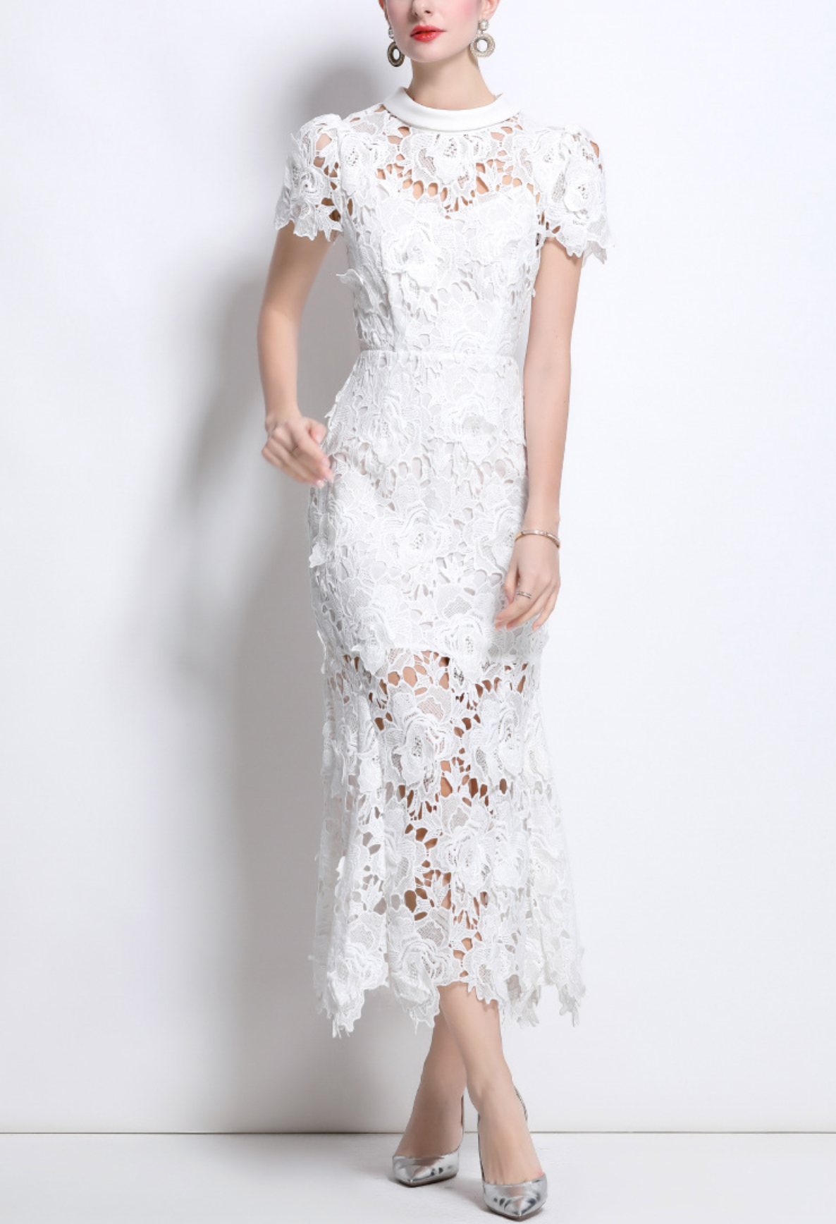 lace midi dress with sheer floral overlay – EVELYN
