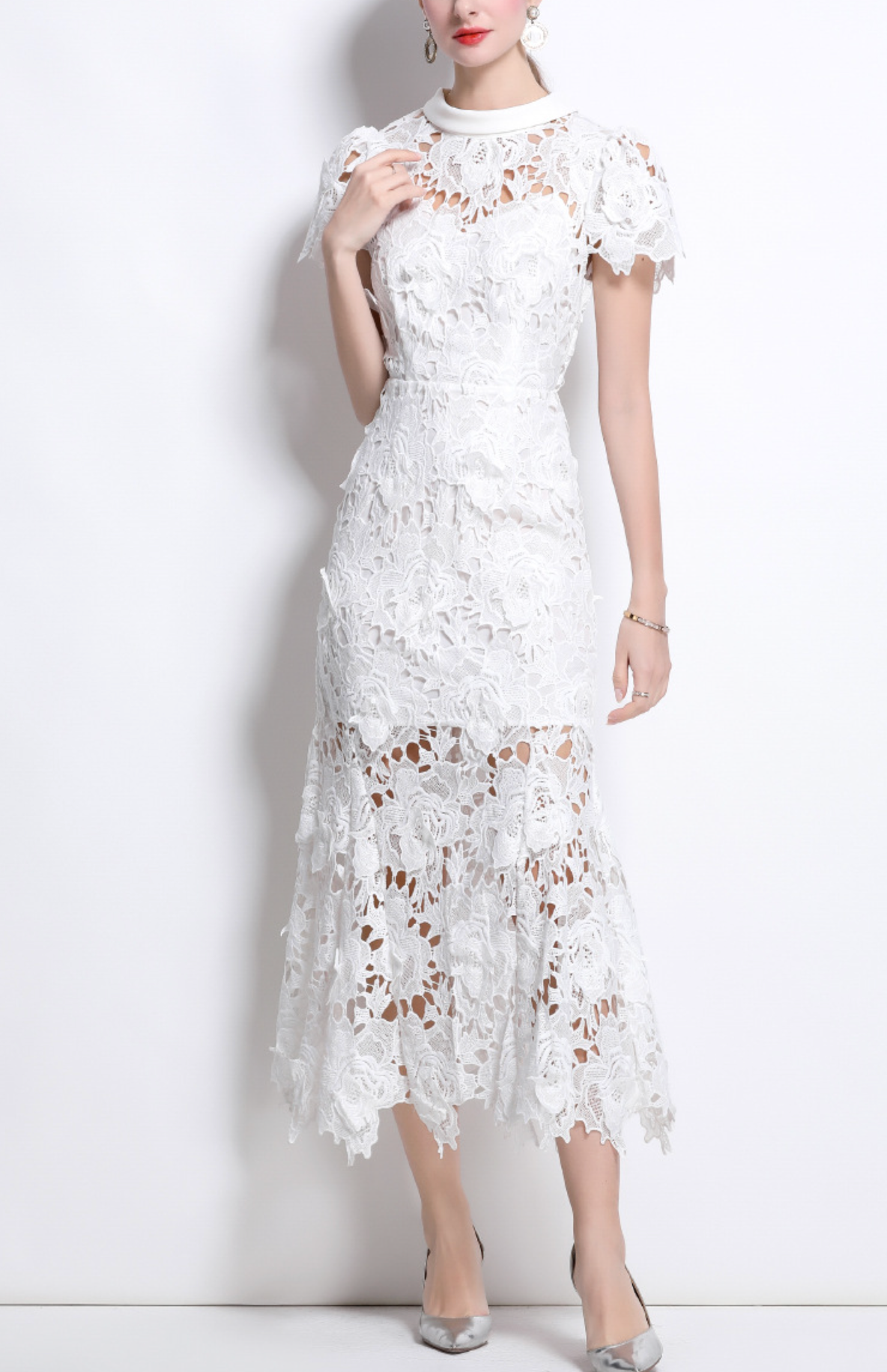 lace midi dress with sheer floral overlay – EVELYN