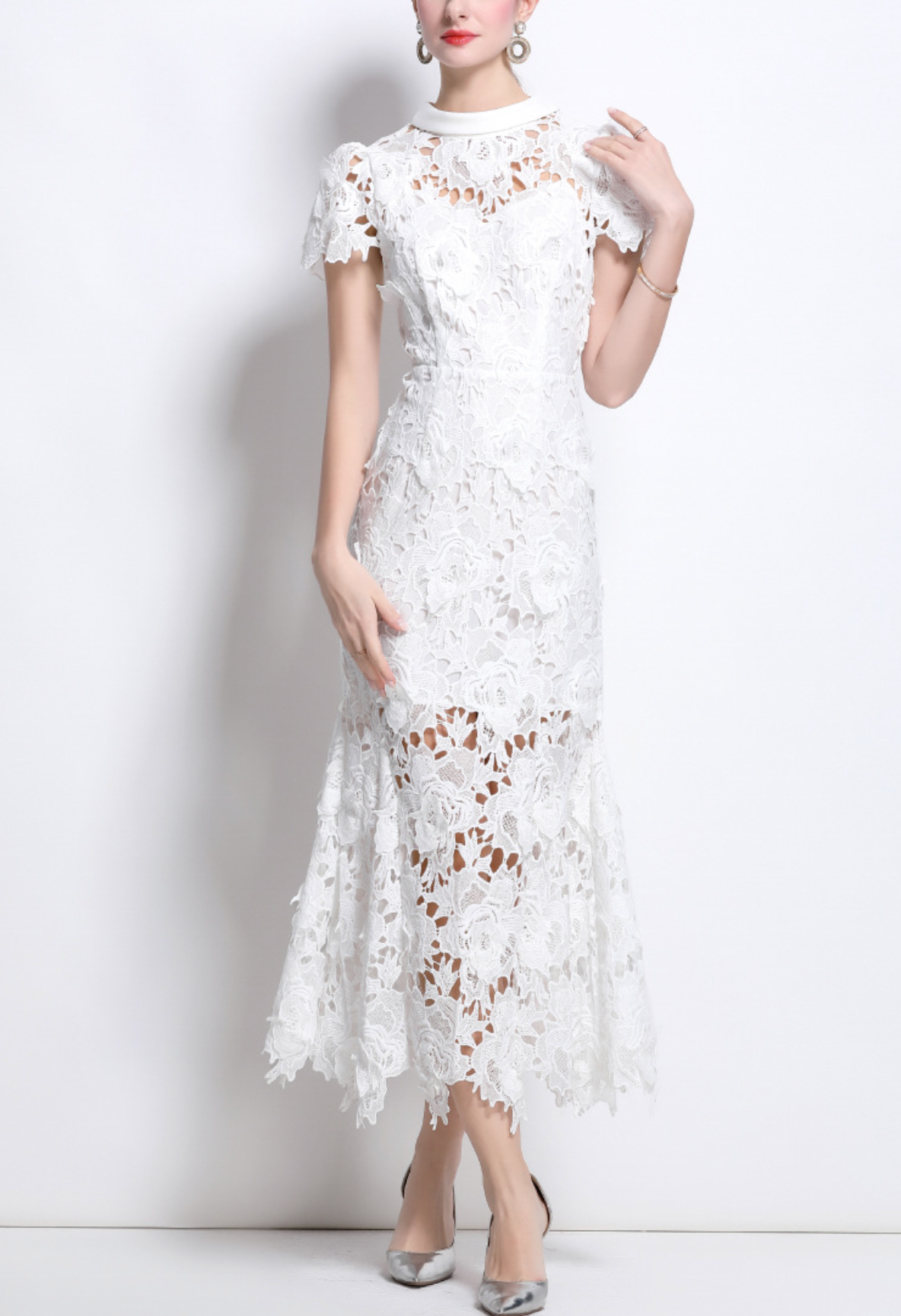 lace midi dress with sheer floral overlay – EVELYN