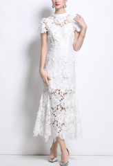 lace midi dress with sheer floral overlay – EVELYN