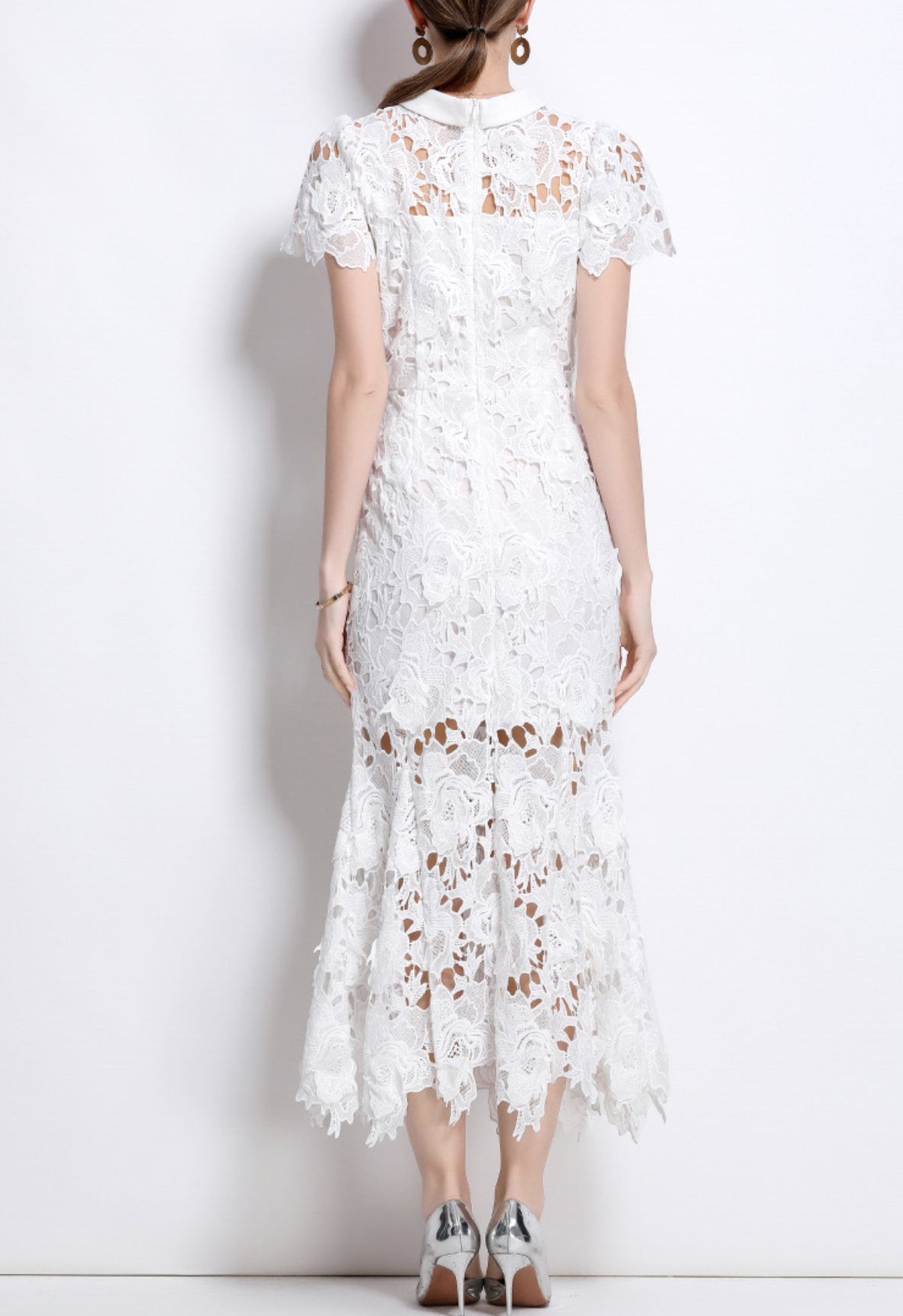 lace midi dress with sheer floral overlay – EVELYN